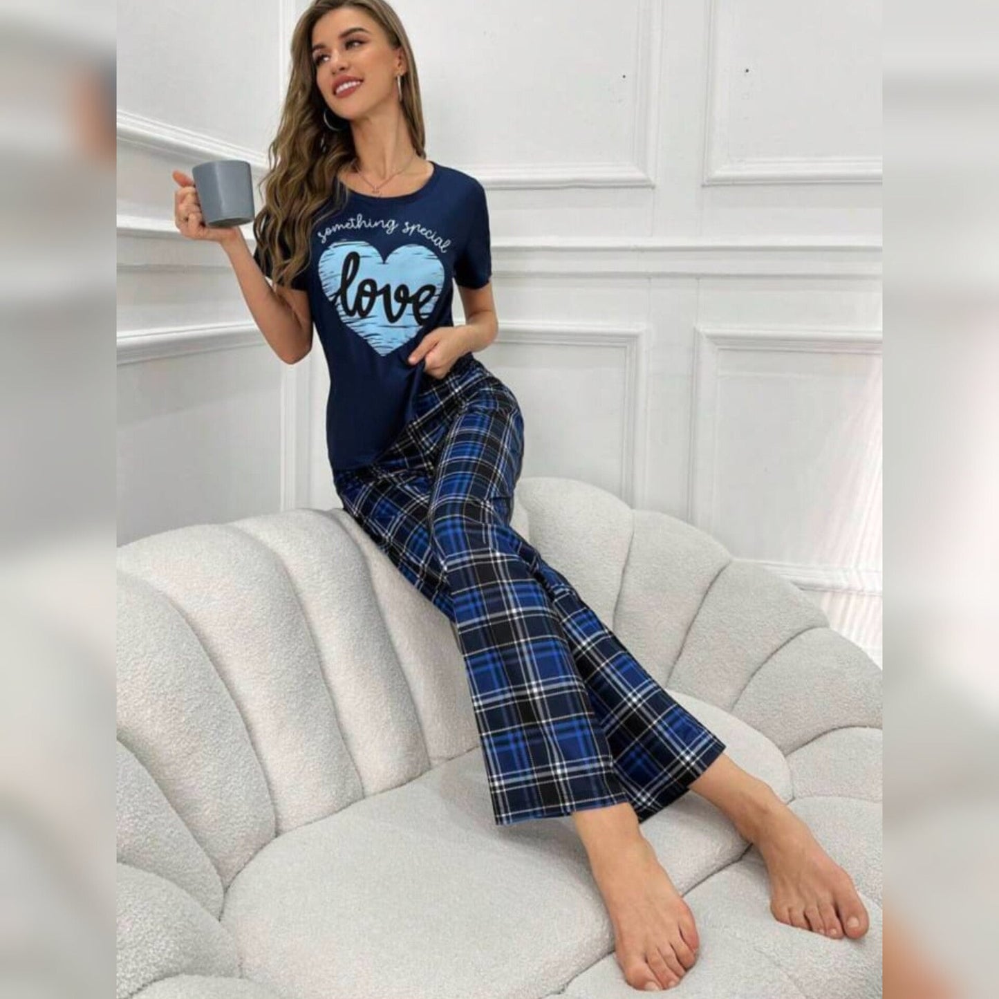 Black With Blue Love Heart Print Half Sleeves T-shirt With Check Printed Trouser Suit (AA-192)