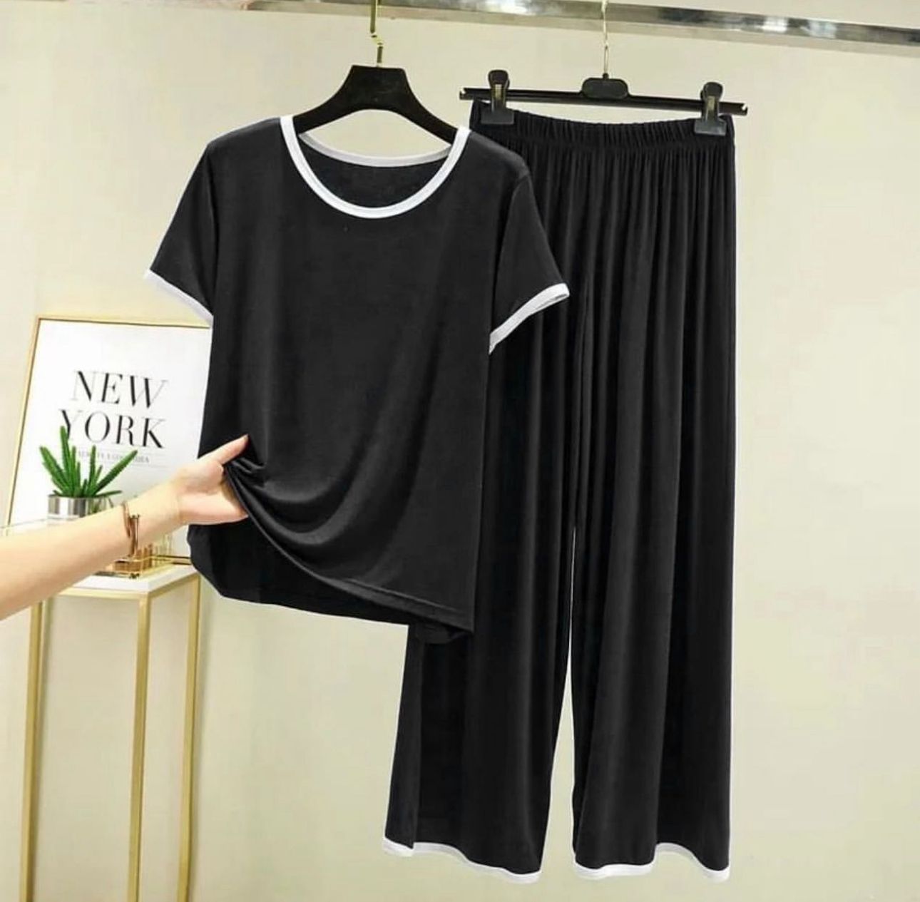 Black With White Pipin Neck And Sleeves Half Sleeves Suit (AA-156)