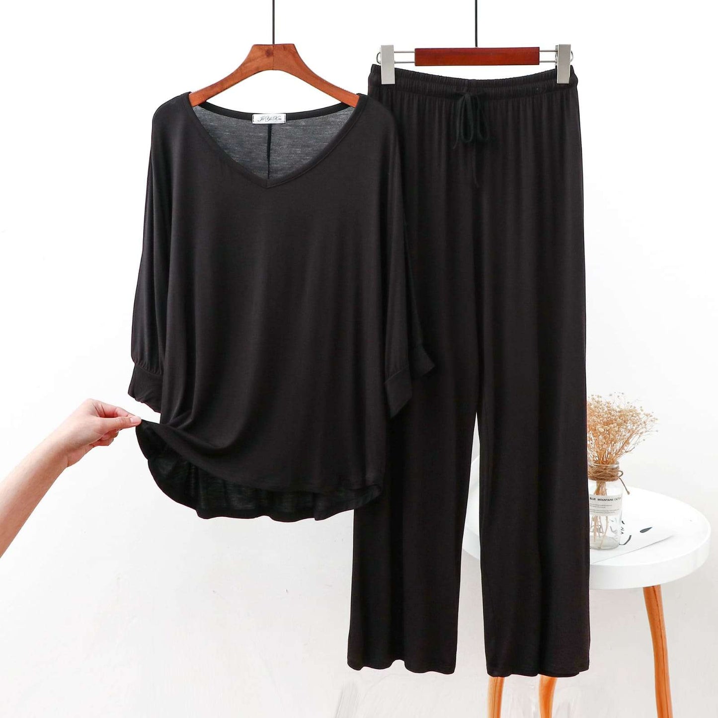 Plain Black V Neck with Palazzo Style Pajama Full Sleeves Suit for Her (AA-64)