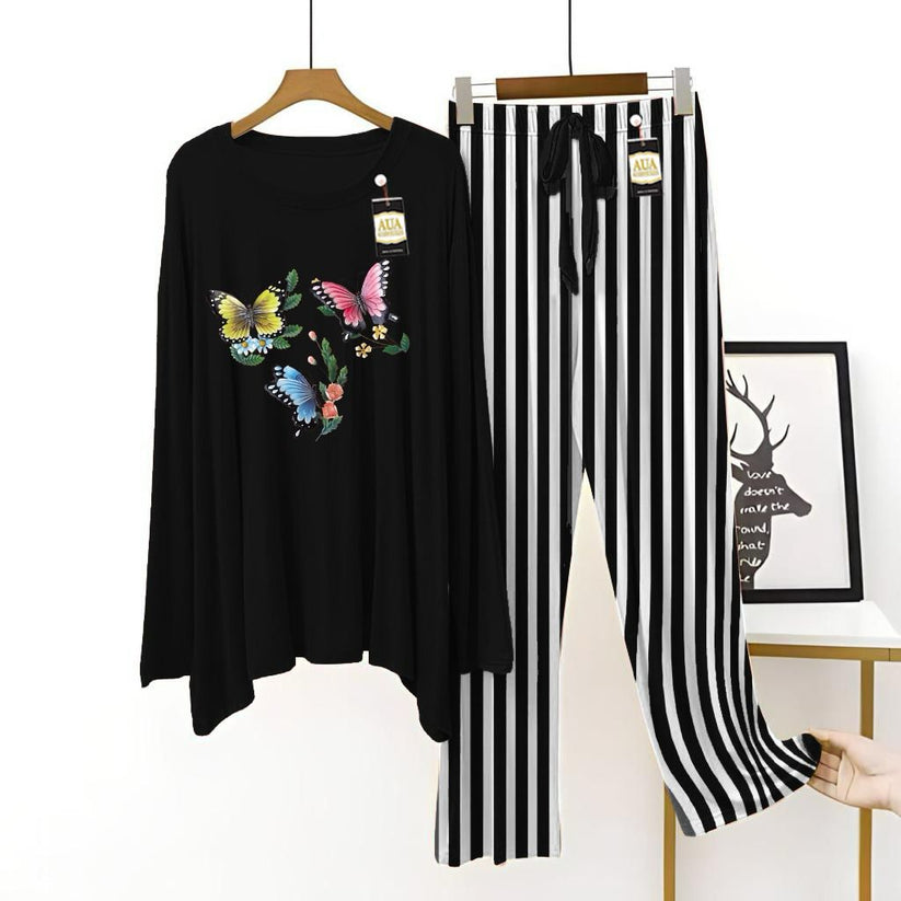 Black Color Women Mini Butterfly Printed Night Suit with Luxurious Lining Pajamas - Stylish Sleepwear Set For Women(002)