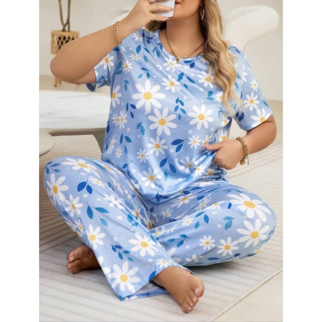 Blue Flowers Print Half Sleeves T-shirt With Flowers Print Pajama Suit (AA-219)