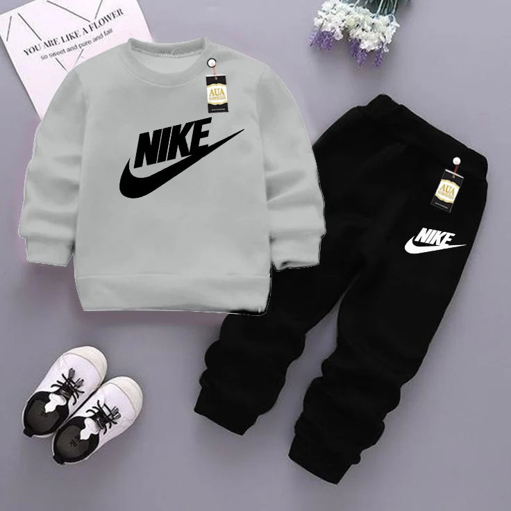 Grey and Black (Nike) Printed Kids Tracksuit for Winter
