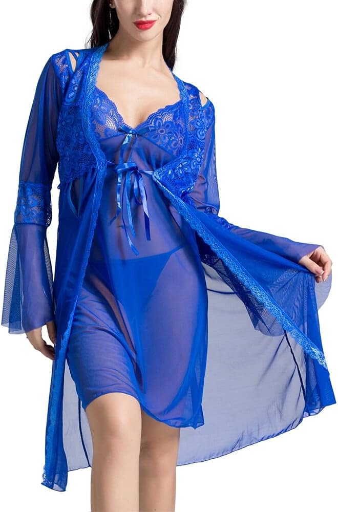 Jb Sheer Front-Lace Slip Lingerie Dress With Flounce Sleeve Robe for Women