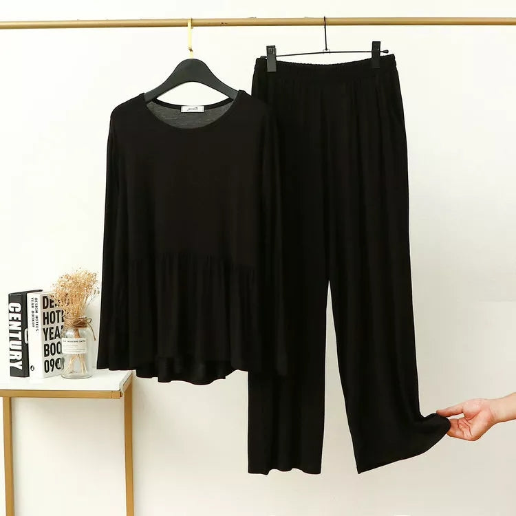Plain Black Frill Style with Palazzo Style Pajama Full Sleeves Suit for Her (AA-50)