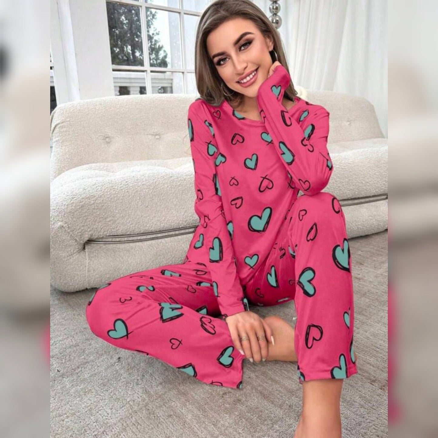 Shocking Pink With Green Herats Print Full Sleeves T-shirt With Hearts Printed Trouser Suit (AA-190)