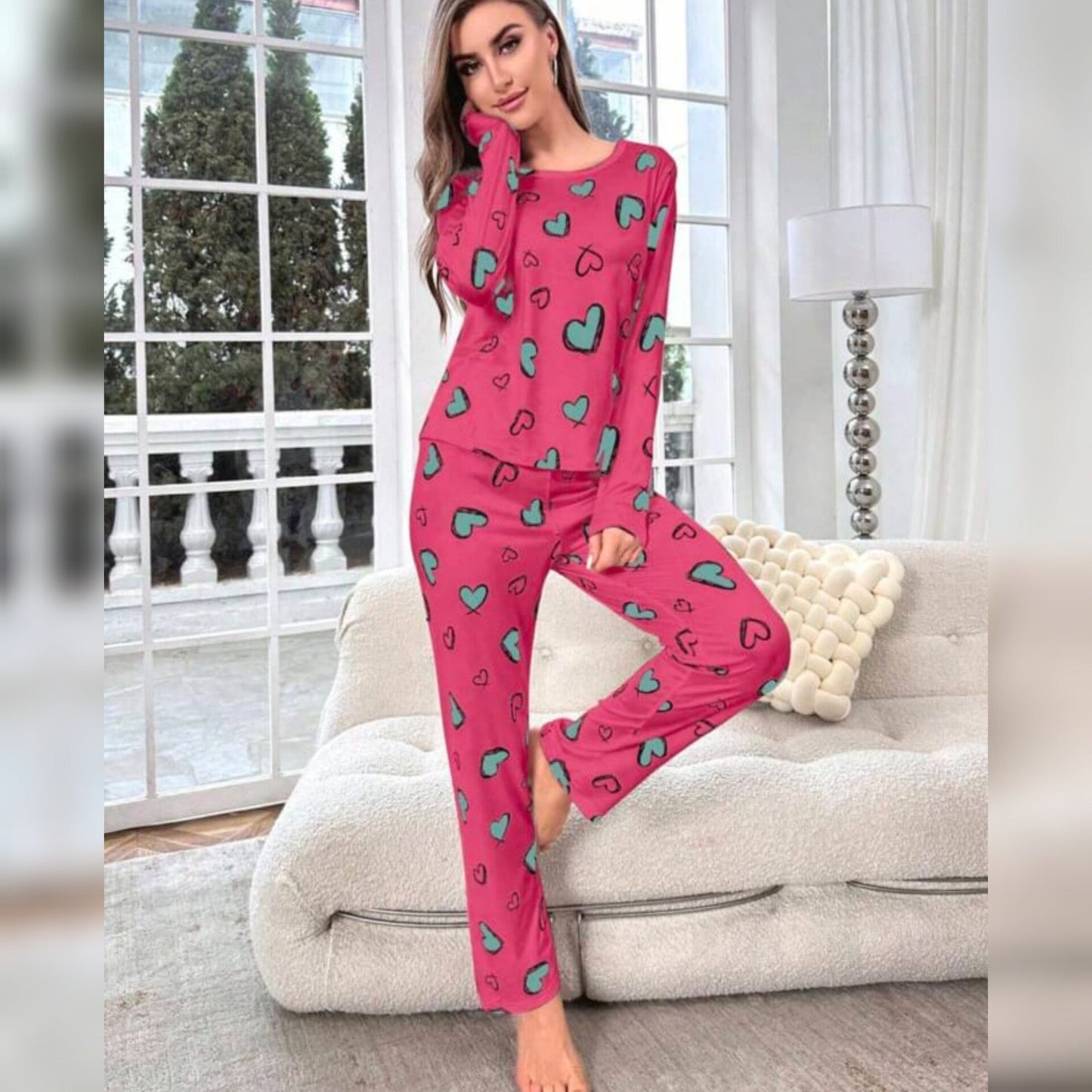Shocking Pink With Green Herats Print Full Sleeves T-shirt With Hearts Printed Trouser Suit (AA-190)