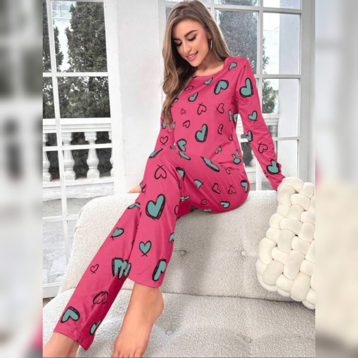 Shocking Pink With Green Herats Print Full Sleeves T-shirt With Hearts Printed Trouser Suit (AA-190)
