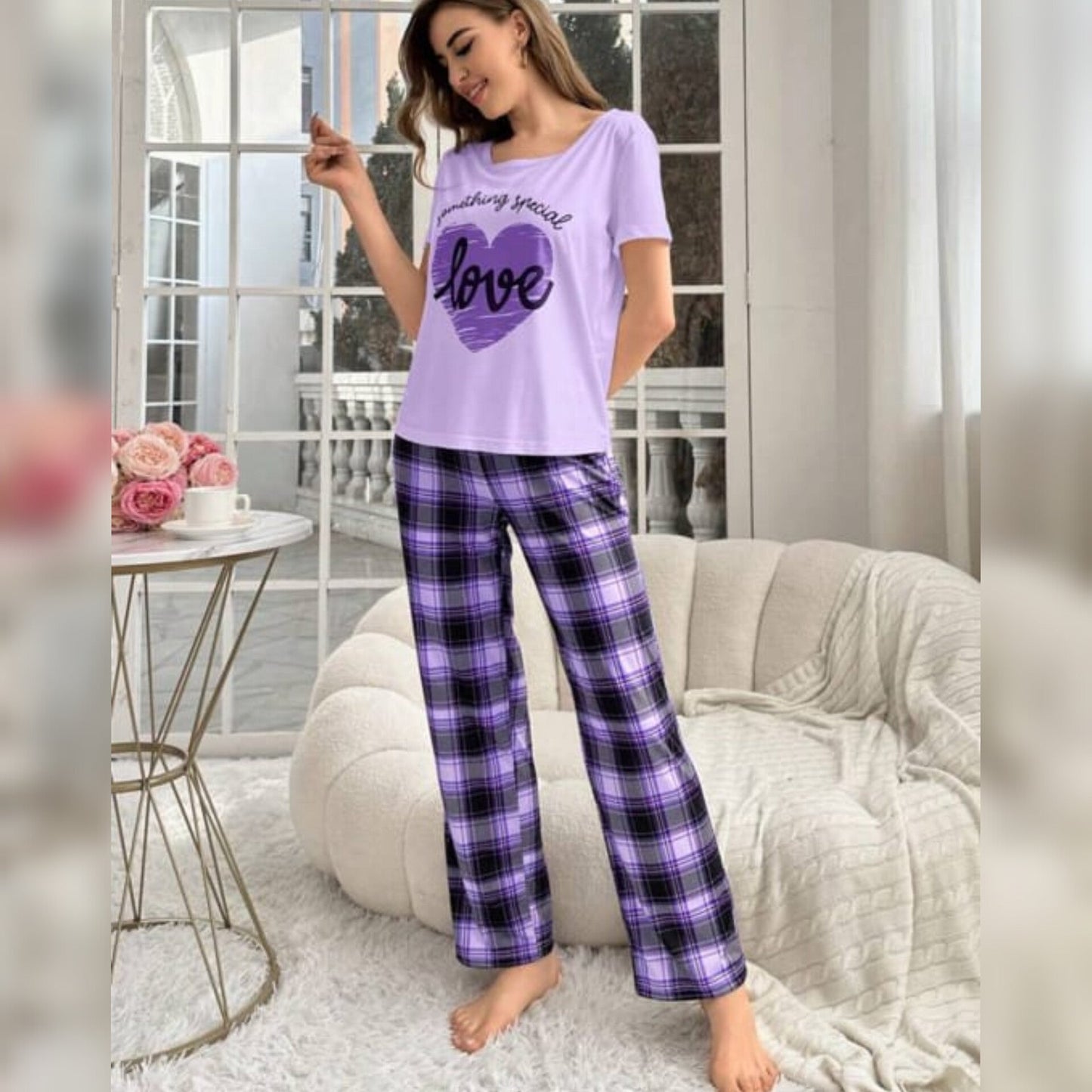 Purple With Love Heart Print Half Sleeves T-shirt With Check Printed Trouser Suit (AA-191)
