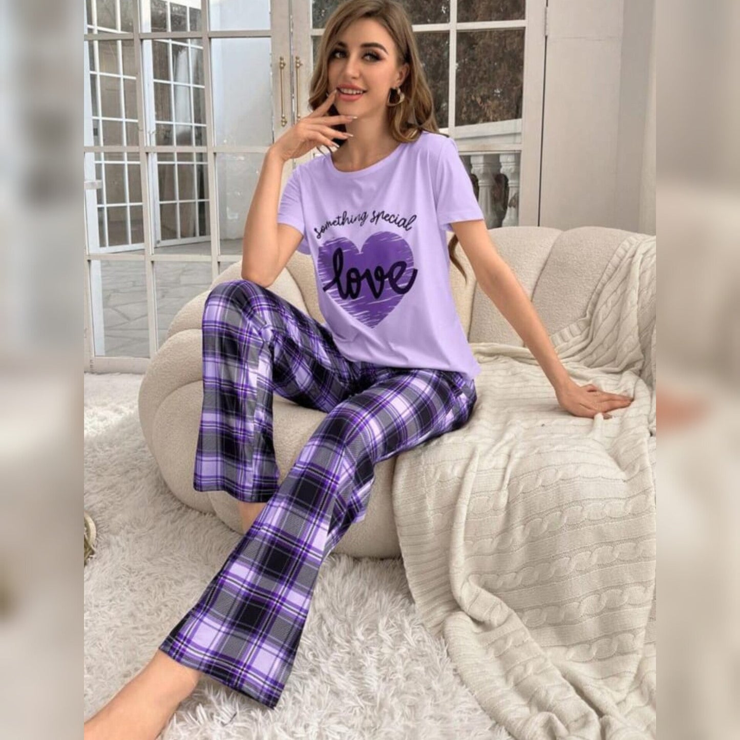Purple With Love Heart Print Half Sleeves T-shirt With Check Printed Trouser Suit (AA-191)