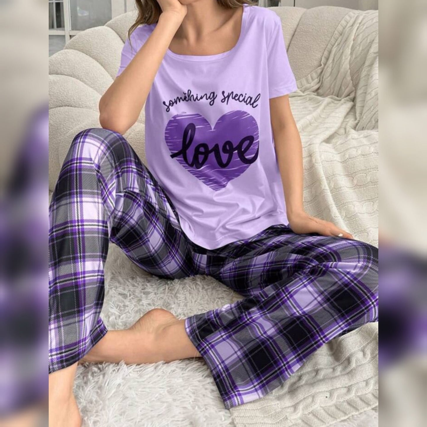 Purple With Love Heart Print Half Sleeves T-shirt With Check Printed Trouser Suit (AA-191)