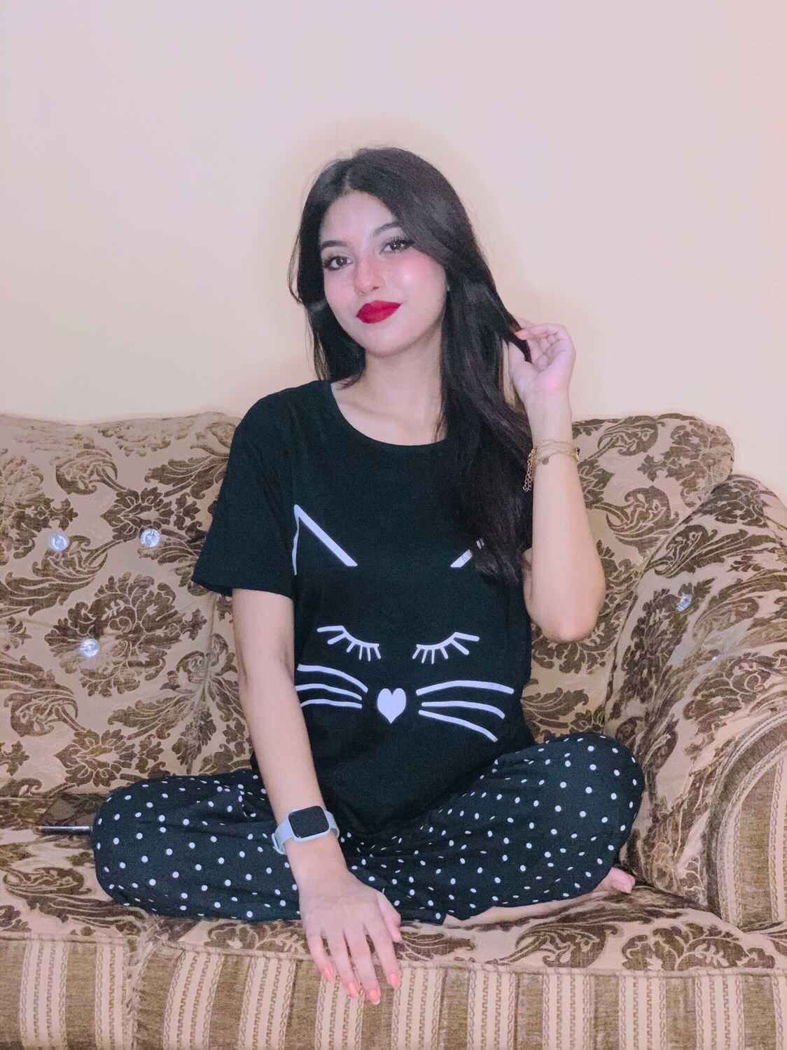 Black Meow Print Half Sleeves T-shirt With Dotted Pajama Night Suit (AA-02)