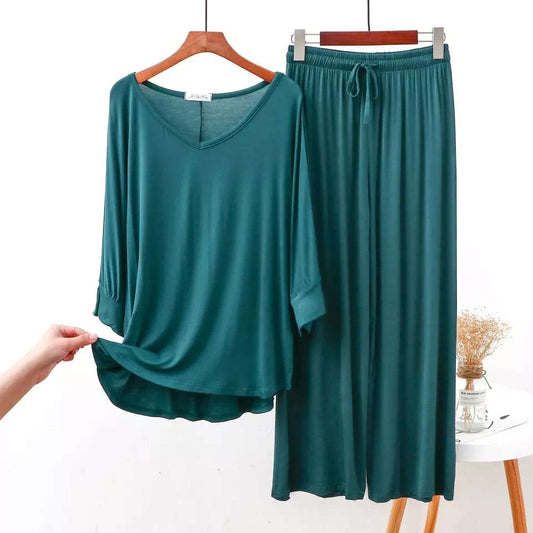 Plain Green V Neck T shirt with Green Palazzo Pajama Night Suit for Her (AA-90)