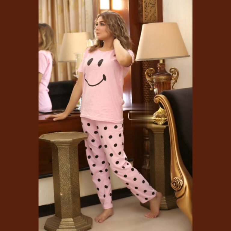 Pink Smile with Dotted Style Pajama Half Sleeves Night Suit for her (AA-21)