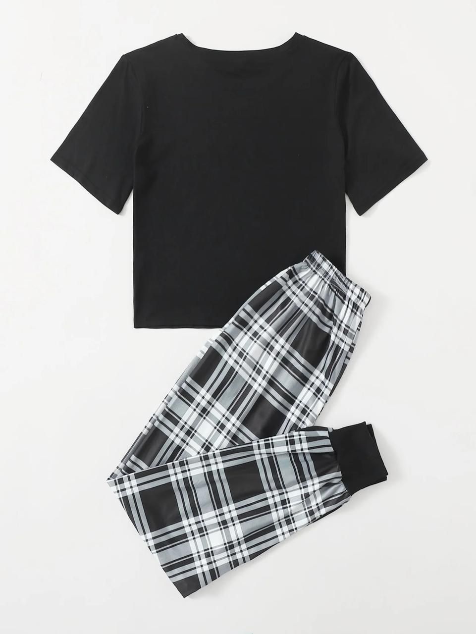 Black Good Things Ahead Printed Half Sleeves T-shirt With Check Printed Trouser Suit (AA-178)