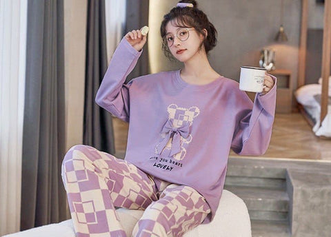 Lilac Lovely Bear Printed PJ Set For Her