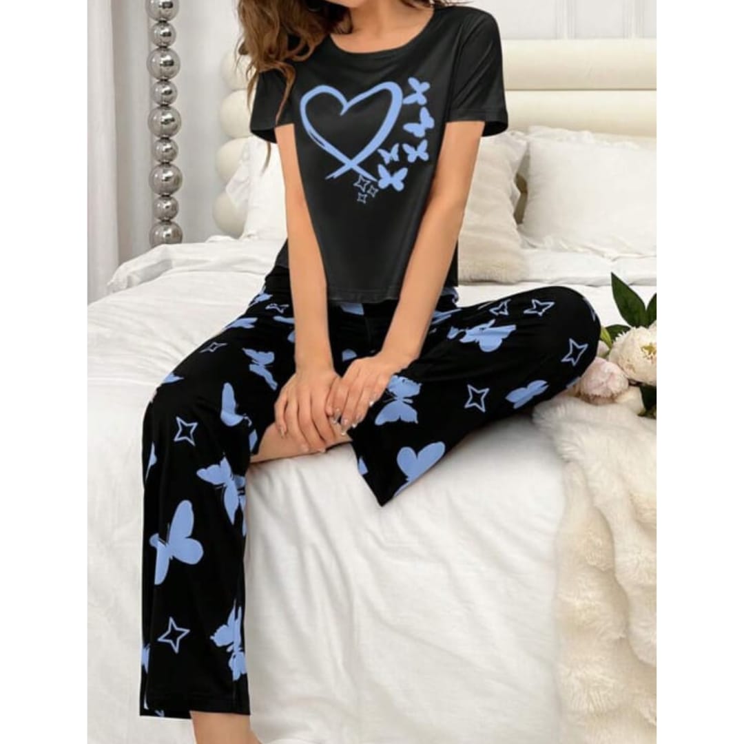 Black With Blue Butterflies Heart Printed T-shirt And Butterflies Printed Trouser Suit (AA-182)