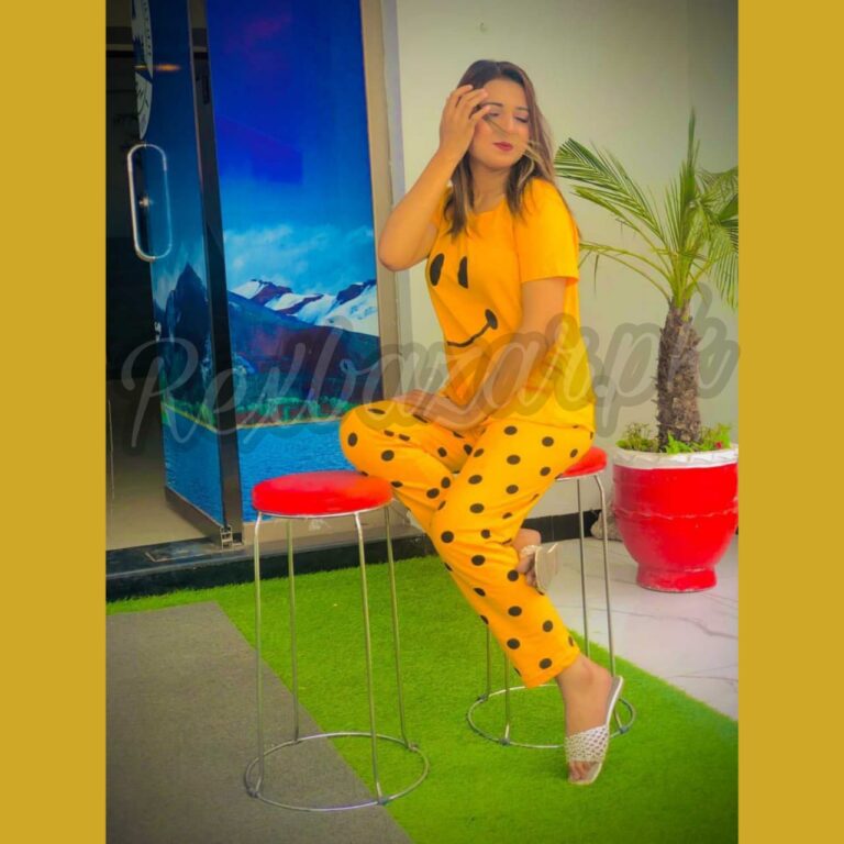 Yellow Smile with Dotted Printed Pajama Half Sleeves Night Suit for her (AA-17)