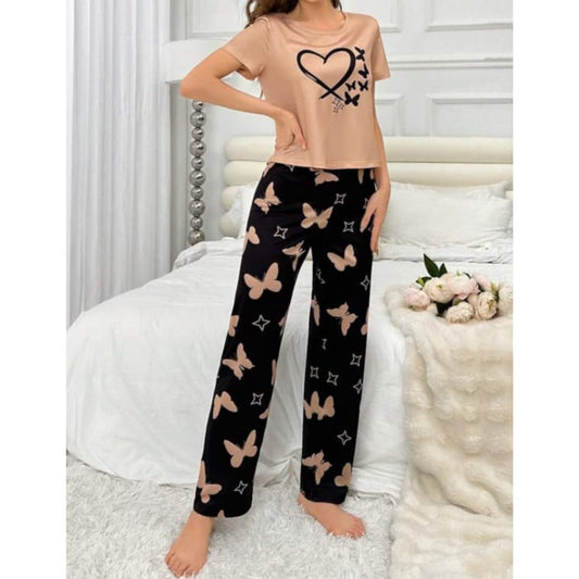 Brown With Black Butterflies Heart Printed T-shirt And Butterflies Printed Trouser Suit (AA-183)