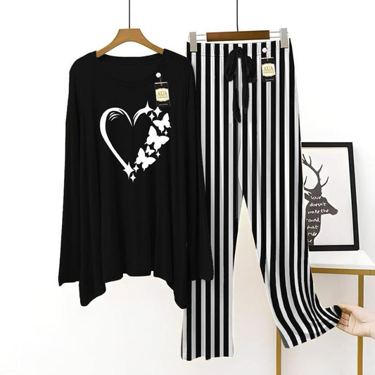 Black Color Women Heart Printed Night Suit with Luxurious Lining Pajamas - Stylish Sleepwear Set For Women