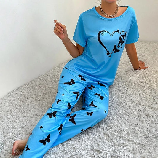 Blue With Butterflies Heart Printed T-shirt And Butterflies Printed Trouser Suit (AA-152)