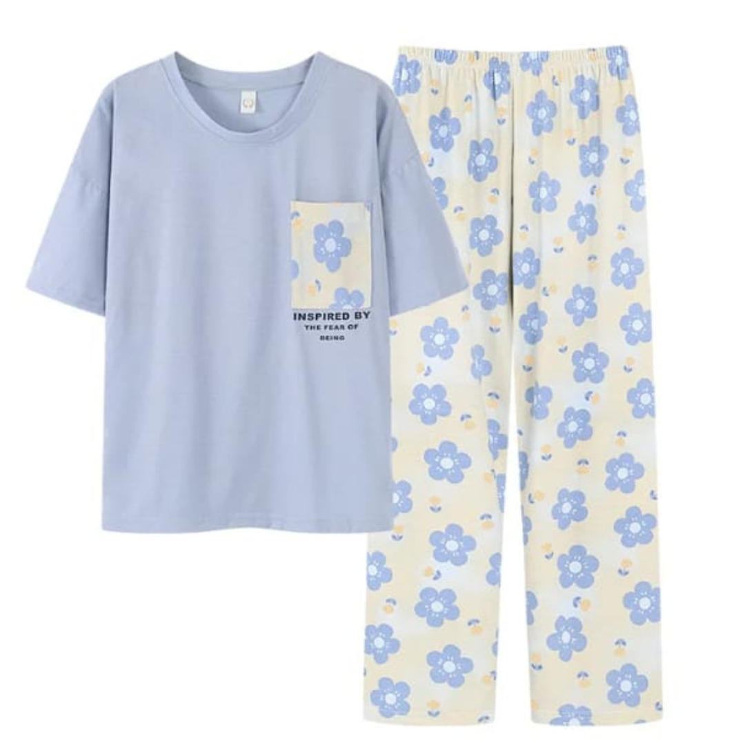 Blue Flower Pocket Print Half Sleeves T-shirt With Flowers Print Pajama Suit (AA-220)
