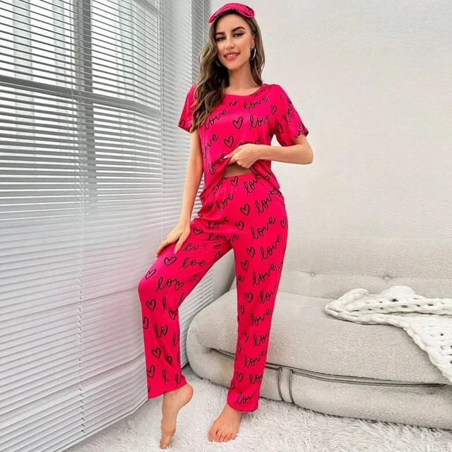 Shocking Pink Love Printed T-shirt And Trouser Suit (AA-148)