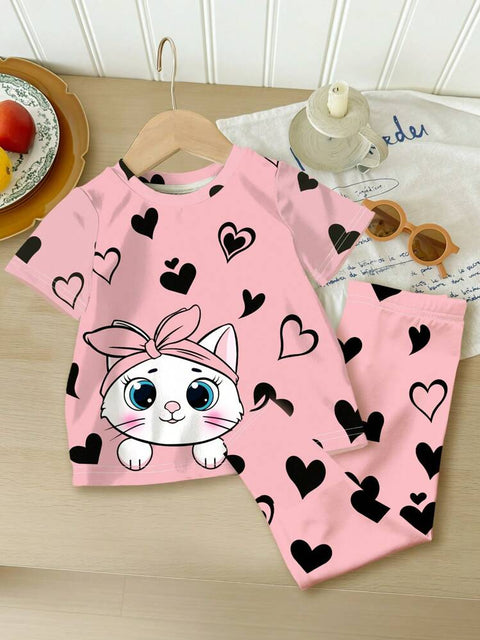 Pink Kitty with Black Hearts Printed Half Sleeve T-shirt with Heart Printed Pajama For Kids