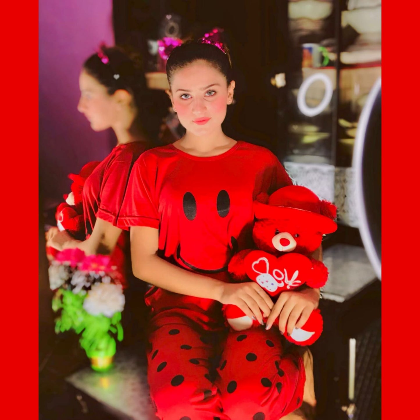 Red Smile with Dotted Style Pajama Half Sleeves Night Suit for her (AA-23)