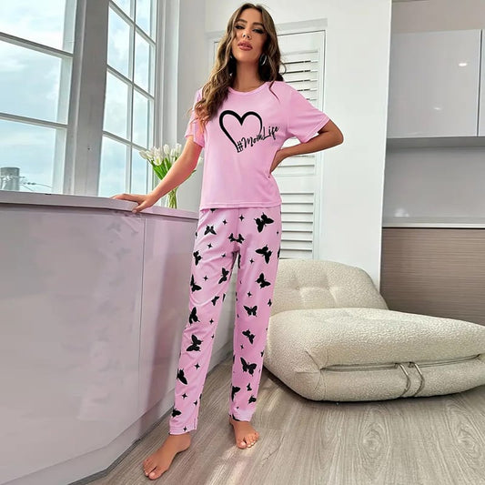 Pink Mom Life Printed Half Sleeves T-shirt With Printed Trouser Suit (AA-45)