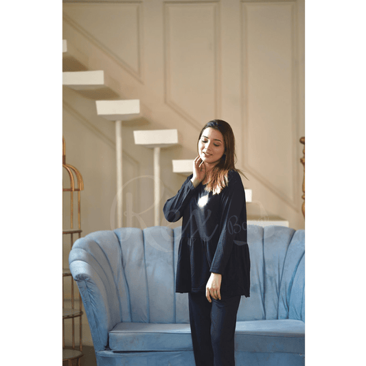 Plain Black Frill Style with Palazzo Style Pajama Full Sleeves Suit for Her (AA-50)