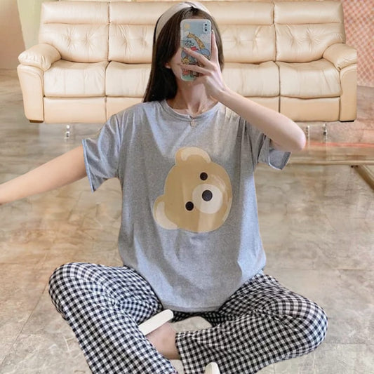 Grey Bear Half Sleeves T-shirt With Check Printed Trouser Suit (AA-162)