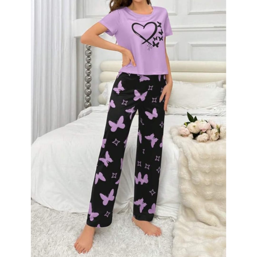 Purple With Black Butterflies Heart Printed T-shirt And Butterflies Printed Trouser Suit (AA-184)
