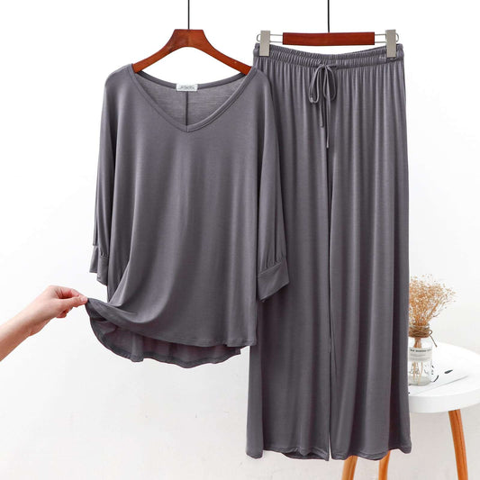Plain Grey V Neck with Palazzo Style Pajama Full Sleeves Suit for Her (AA-61)