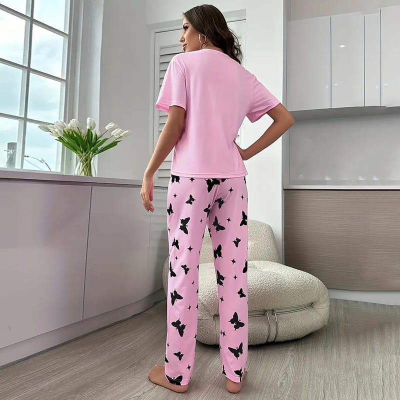 Pink Mom Life Printed Half Sleeves T-shirt With Printed Trouser Suit (AA-45)
