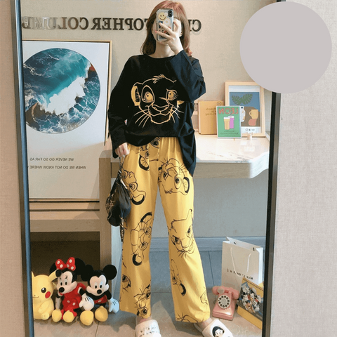 Black Yellow Lion Printed Casual PJ Set For Her