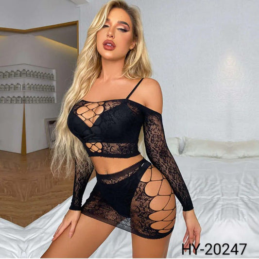 Womens Lingerie Sets Fishnet Bodysuit Tights Lingerie with Top and Skirt