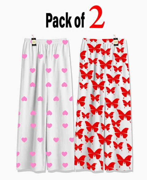 Pack of 2 Women's Nightwear Pajama Set - Baby Pink Mini Heart & Red Butterfly trouser Print