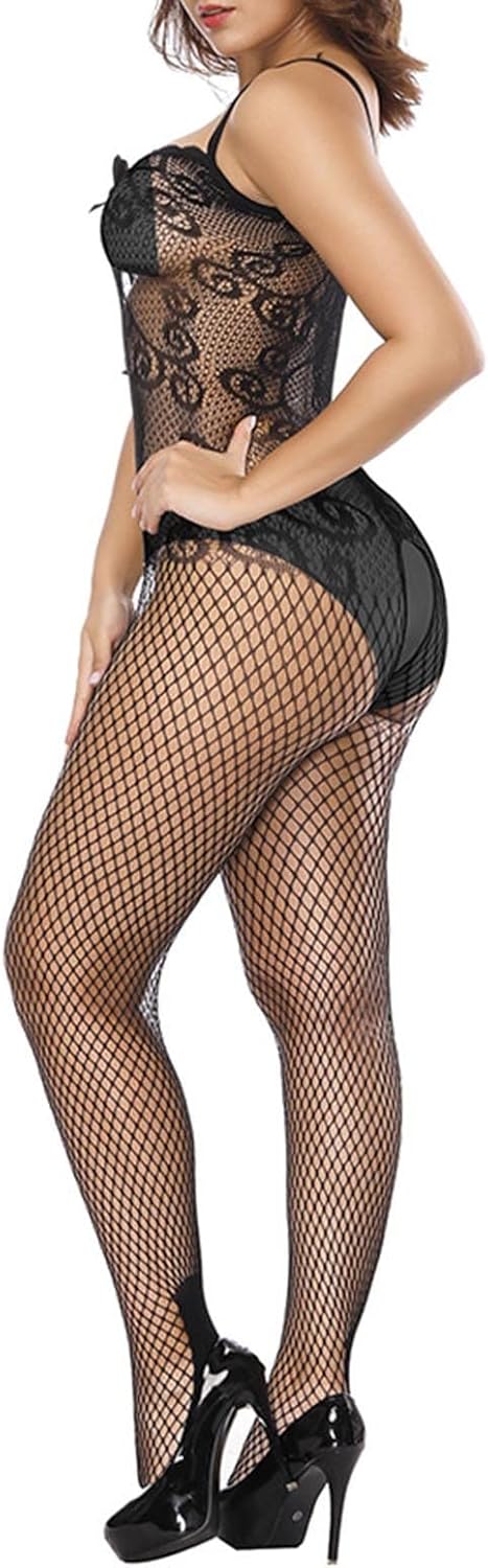 Femmes Exotique Fishnet Bodystocking Lace Plein Corps Bas Maille Voir À travers Trou Longues Manches Babydoll Boduits