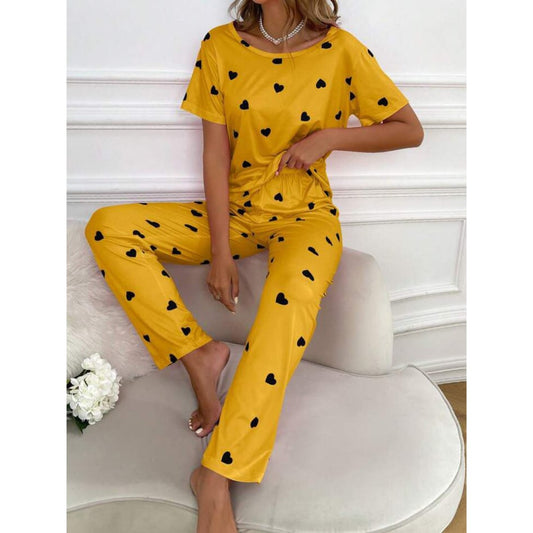 Yellow With Black Hearts Print Half Sleeves T-shirt With Hearts Printed Trouser Suit (AA-185)