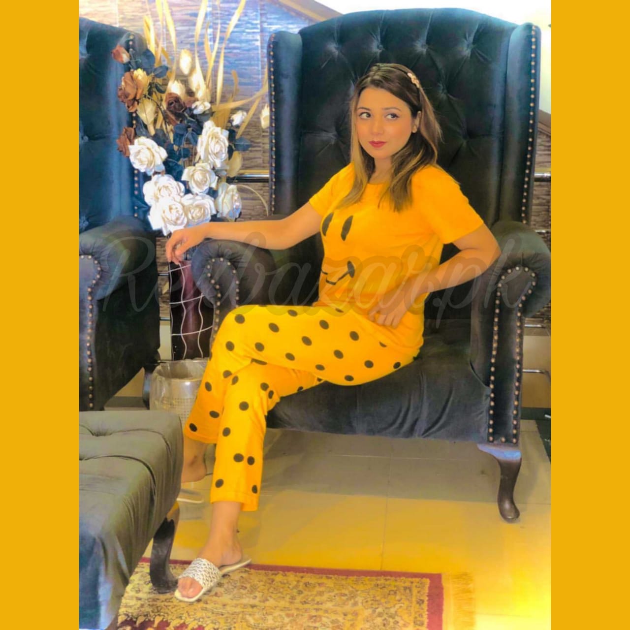Yellow Smile with Dotted Printed Pajama Half Sleeves Night Suit for her (AA-17)