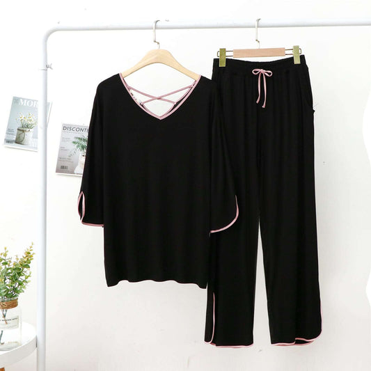 Plain Black with Pink Lace V Neck with Palazzo Pajama Full Sleeves Night Suit for Her (AA-78)