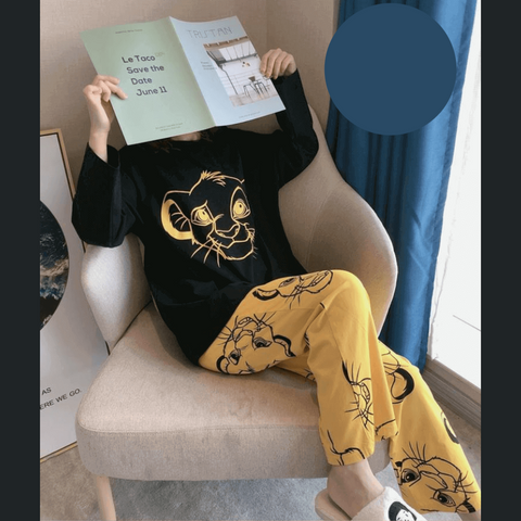 Black Yellow Lion Printed Casual PJ Set For Her