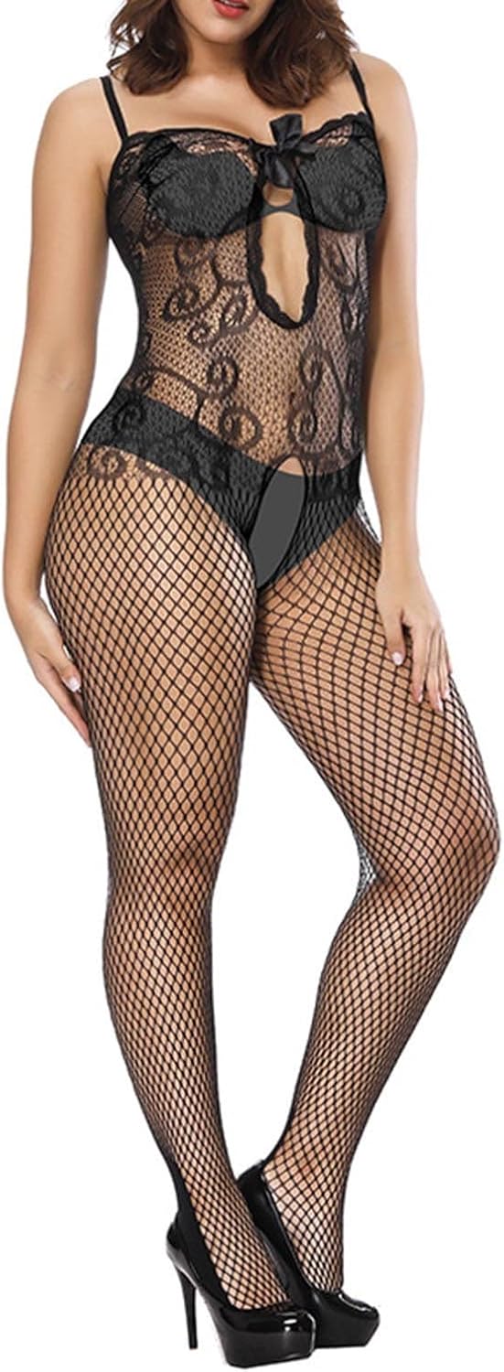 Femmes Exotique Fishnet Bodystocking Lace Plein Corps Bas Maille Voir À travers Trou Longues Manches Babydoll Boduits