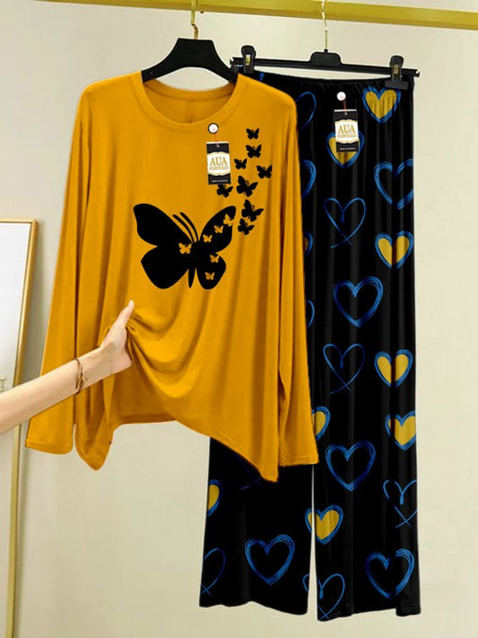 Butterfly Printed Mustard Color Heart Printed Trouser Lounge wear Nightwear Sleepwear With Heart Prinred Trouser For Women
