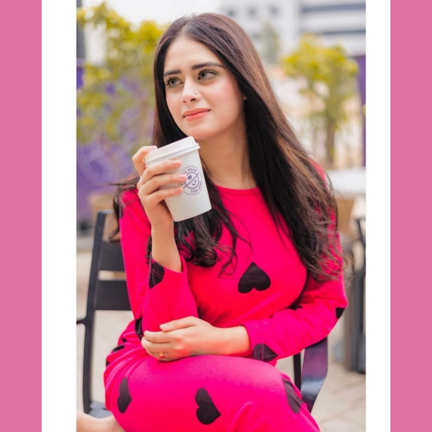 Shocking Pink With Black Big Heart print Full Sleeves Night Suit for her (AA-31)
