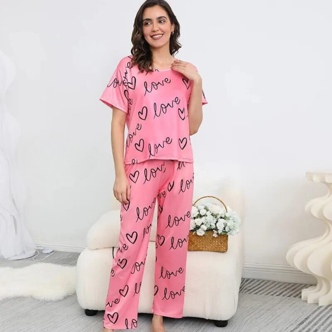 New Pink Love Print Half Sleeves T-shirt With Printed Trouser Suit (AA-47)