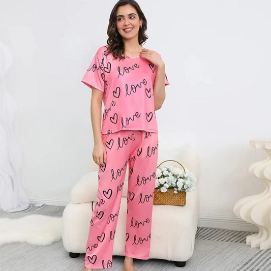 New Pink Love Print Half Sleeves T-shirt With Printed Trouser Suit (AA-47)