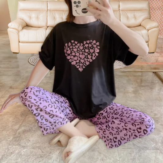 Black With Purple Heart Print Half Sleeves T-shirt With Cheetah Printed Trouser Suit (AA-49)