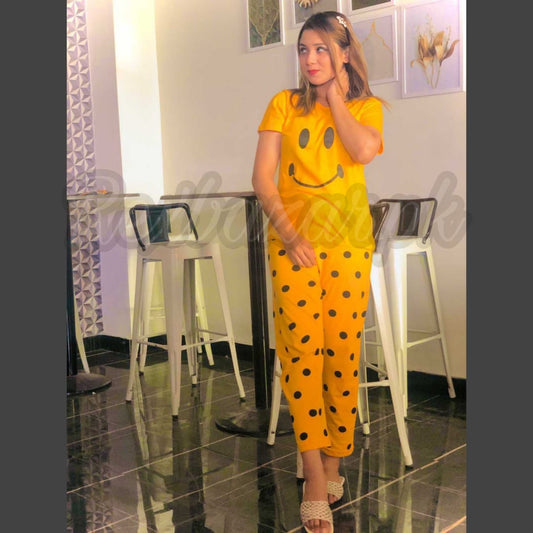 Yellow Smile with Dotted Printed Pajama Half Sleeves Night Suit for her (AA-17)