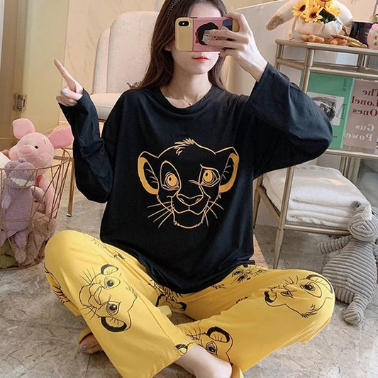 Black and Yellow SIMBA print T-shirt with Printed Pajama Full Sleeves Night Suit for her (AA-25)